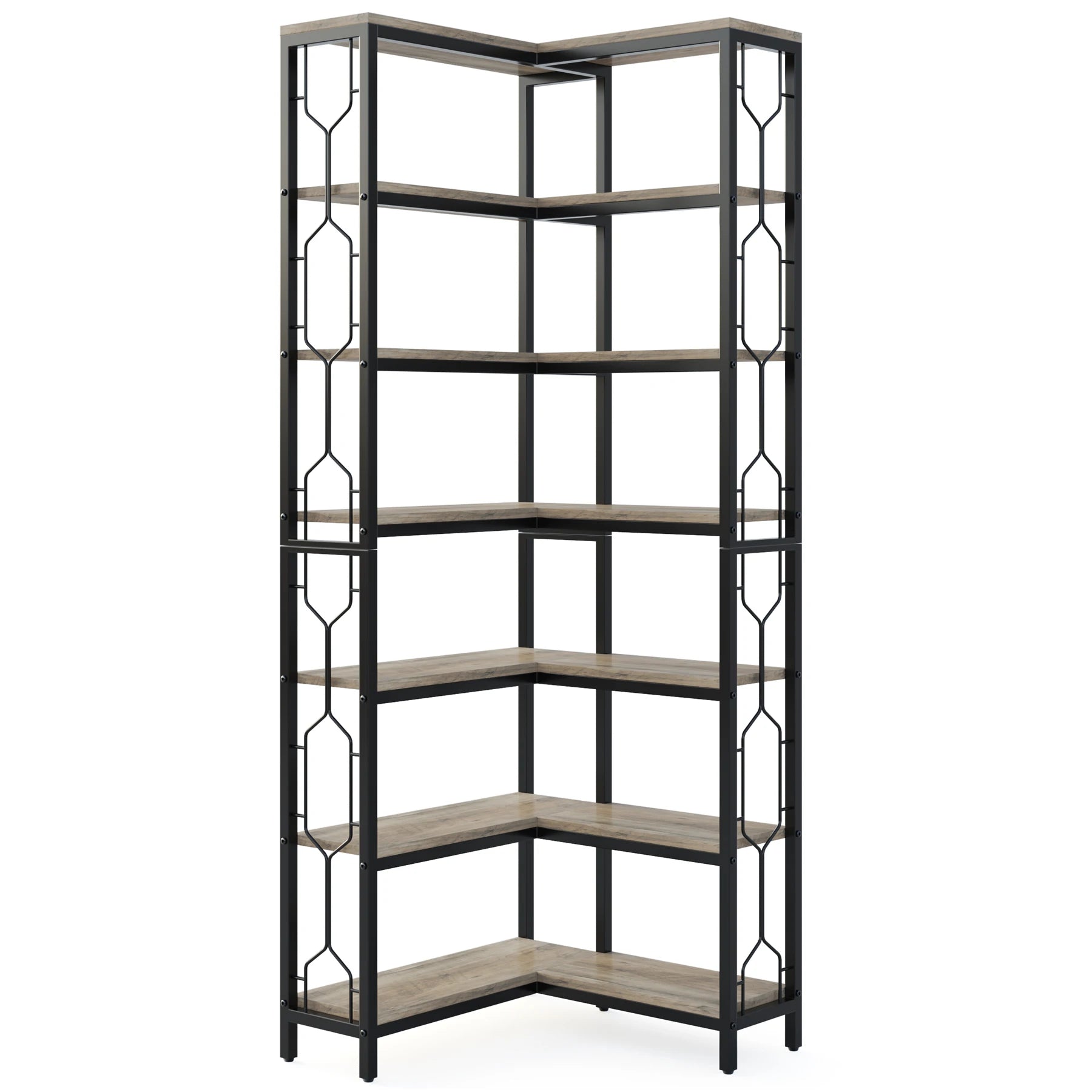 7-Tier Industrial Corner Bookshelf with Metal Frame and Wooden Shelves, Heavy Duty Storage Display Rack Grey