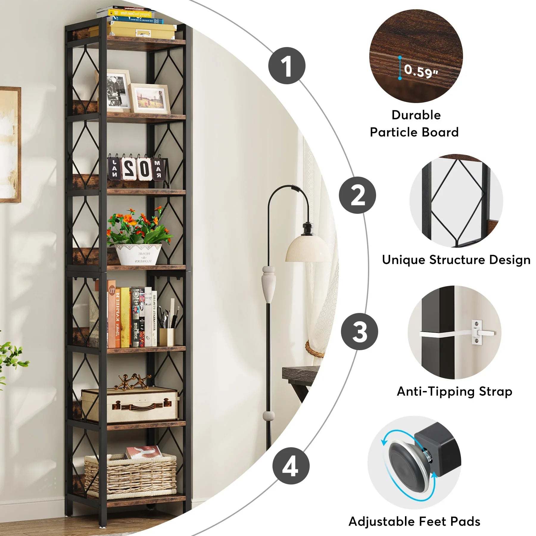 7 Tier Corner Bookshelf Tall Industrial Corner Shelf Narrow Storage Display Rack Rustic Brown & Black