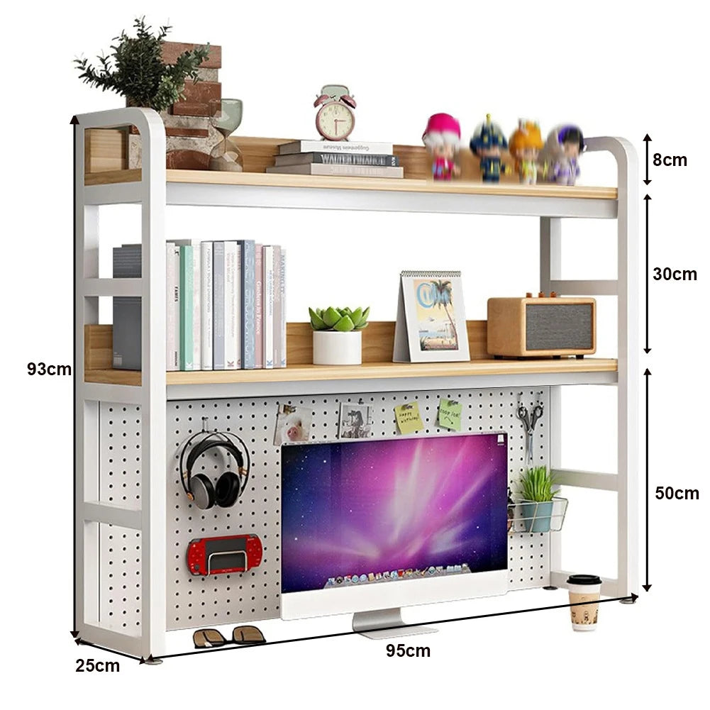 2-Tier Desktop Monitor Stand with Storage Shelf and Metal Frame Wooden Desk Organiser White