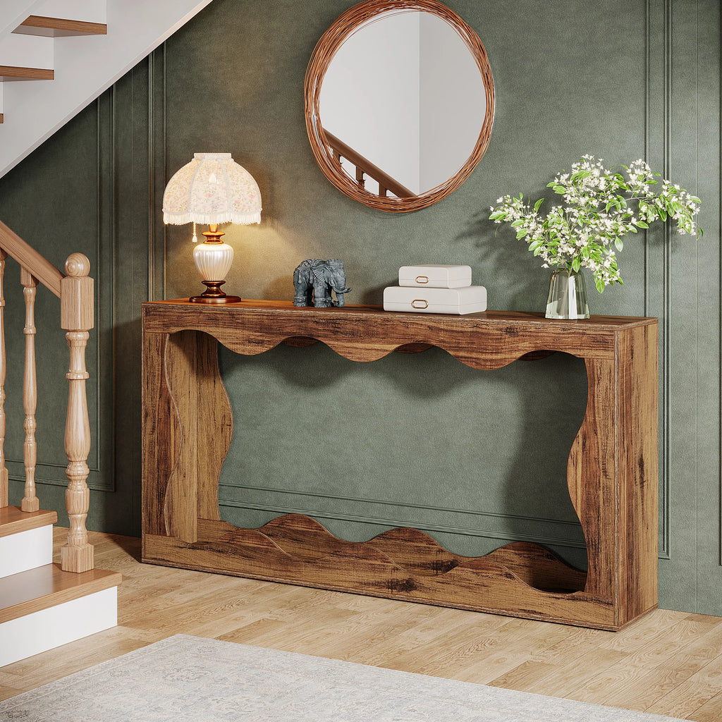Farmhouse Console Table with 2-Tier Shelf 160cm Entryway Sofa Table Rustic Brown