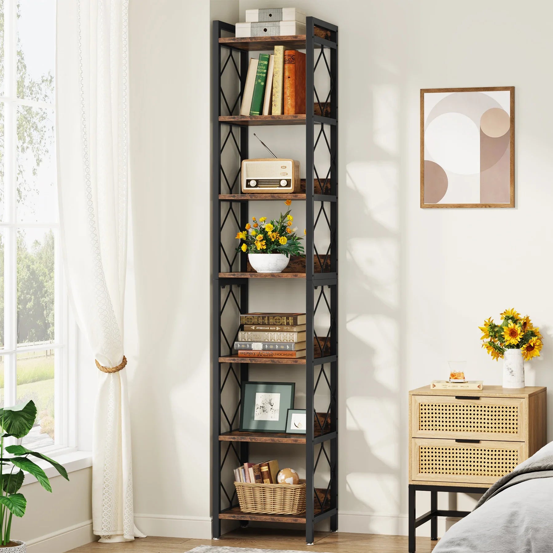 7 Tier Corner Bookshelf Tall Industrial Corner Shelf Narrow Storage Display Rack Rustic Brown & Black