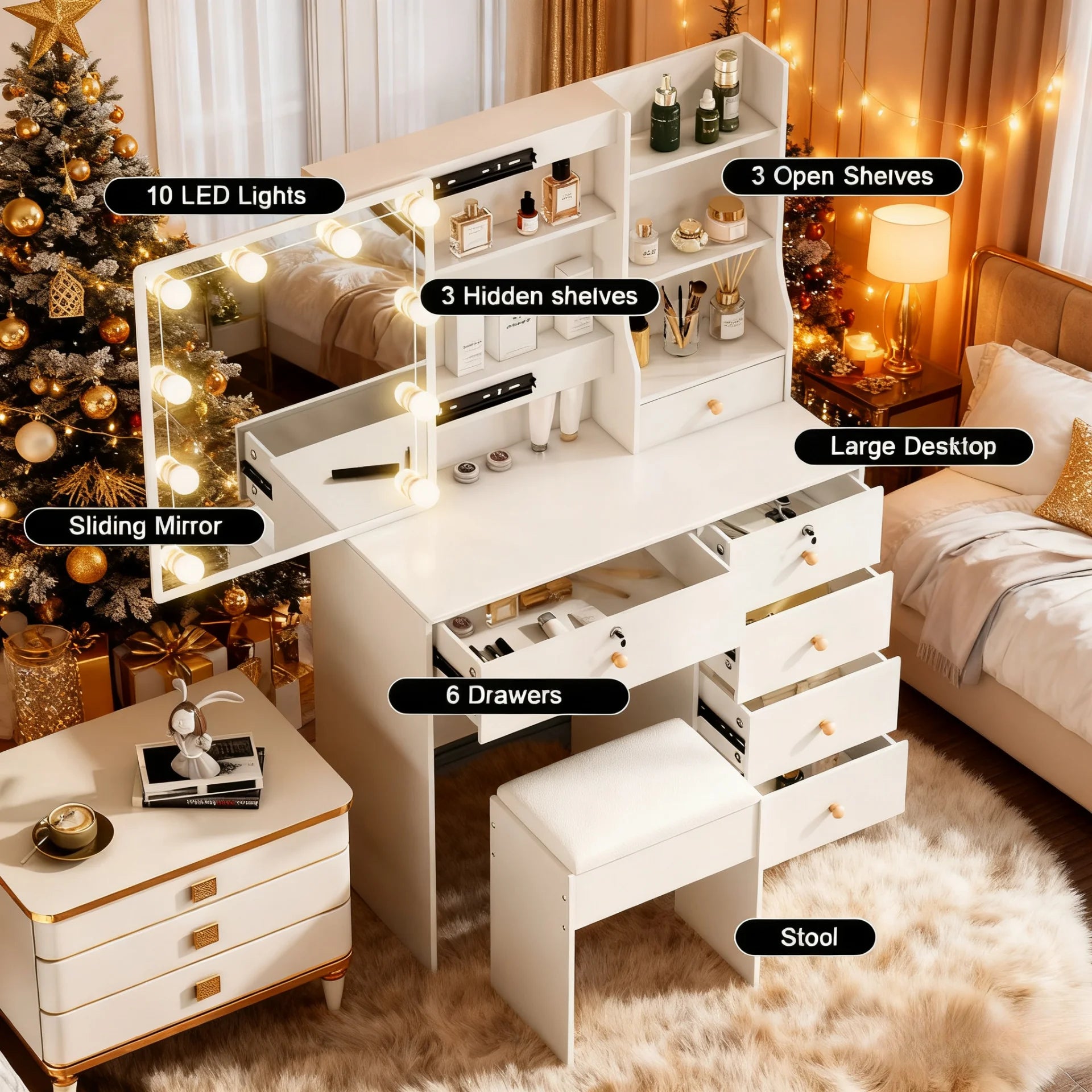 Vanity Table Set with LED Mirror, Stool and 6 Drawers Sliding Mirror Makeup Dressing Table Warm White