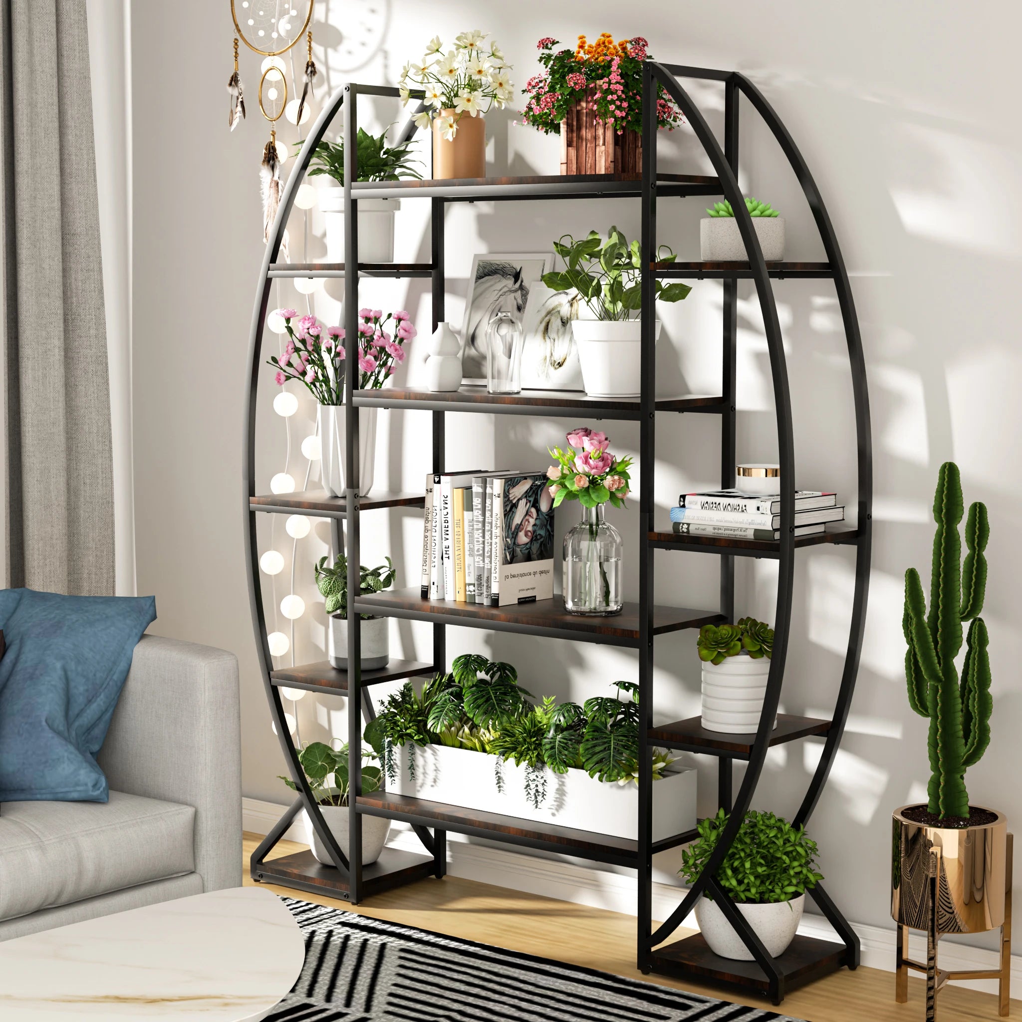 Half-Moon Shape Plant Stand Industrial Bookshelf Storage Shelf Multilayer Garden Flower Rack Without Lights