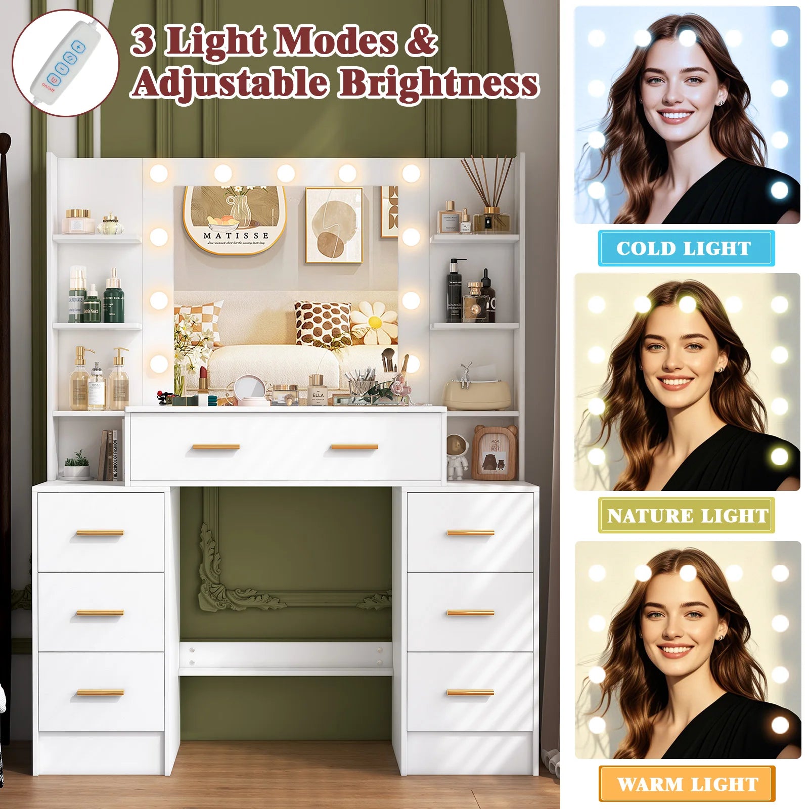 Vanity Table with LED Mirror and 7 Drawers Makeup Dressing Table with Storage Shelves