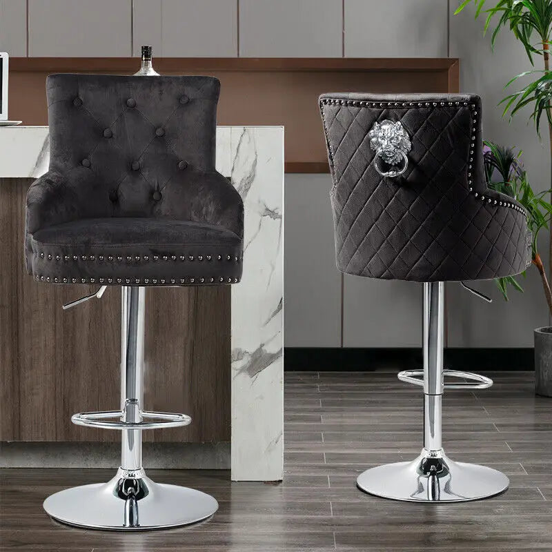 Adjustable Swivel Bar Stool with Velvet Seat and Metal Base Vintage Counter Stool Black