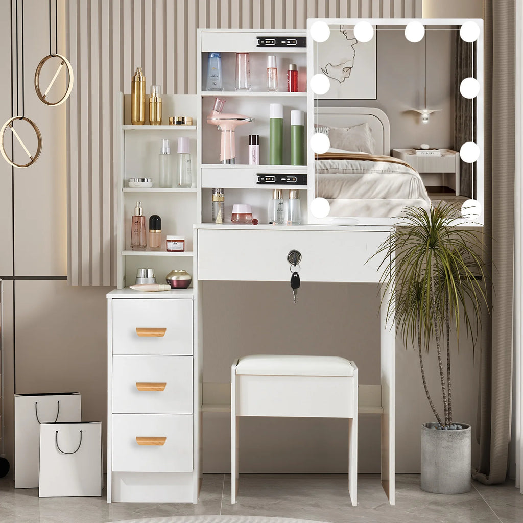 Vanity Table Set with LED Mirror, Stool and Storage Drawers Makeup Dressing Table