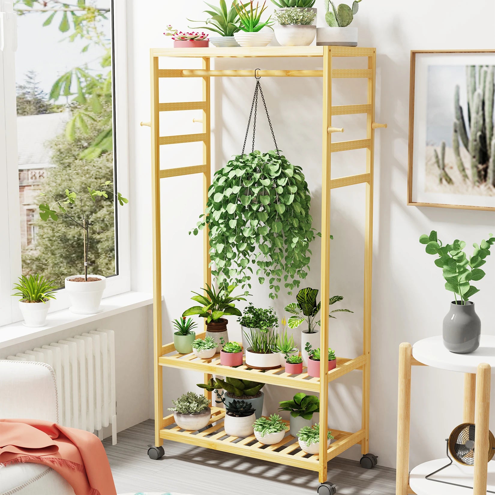 Bamboo Clothes Rack with Shelves, Hooks and Wheels Freestanding Garment Rack Organizer Natural Wood