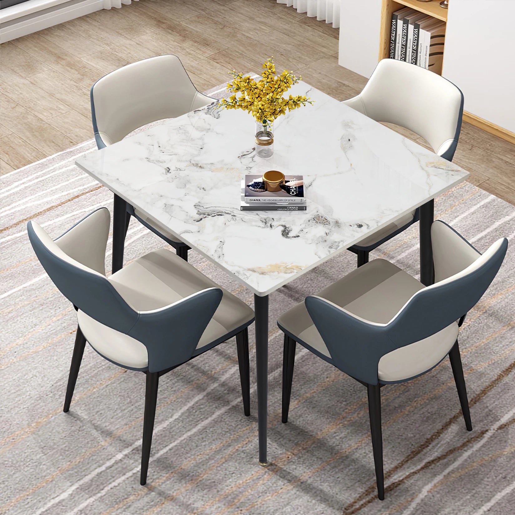 Square Dining Table with Sintered Stone Top and Metal Frame 80cm Modern Kitchen Table White and Emerald