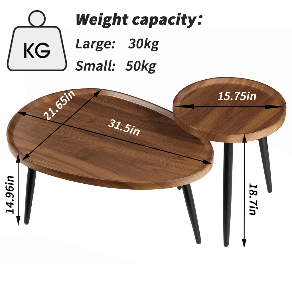 2-Piece Round Coffee Table Set with Metal Legs Modern Nesting Side Tables Walnut & Black