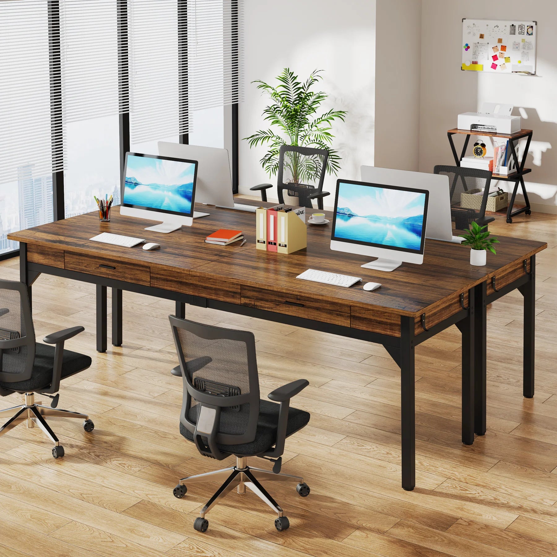 2-Person Office Desk with Drawers and Hooks 200cm Rustic Computer Workstation Rustic Brown
