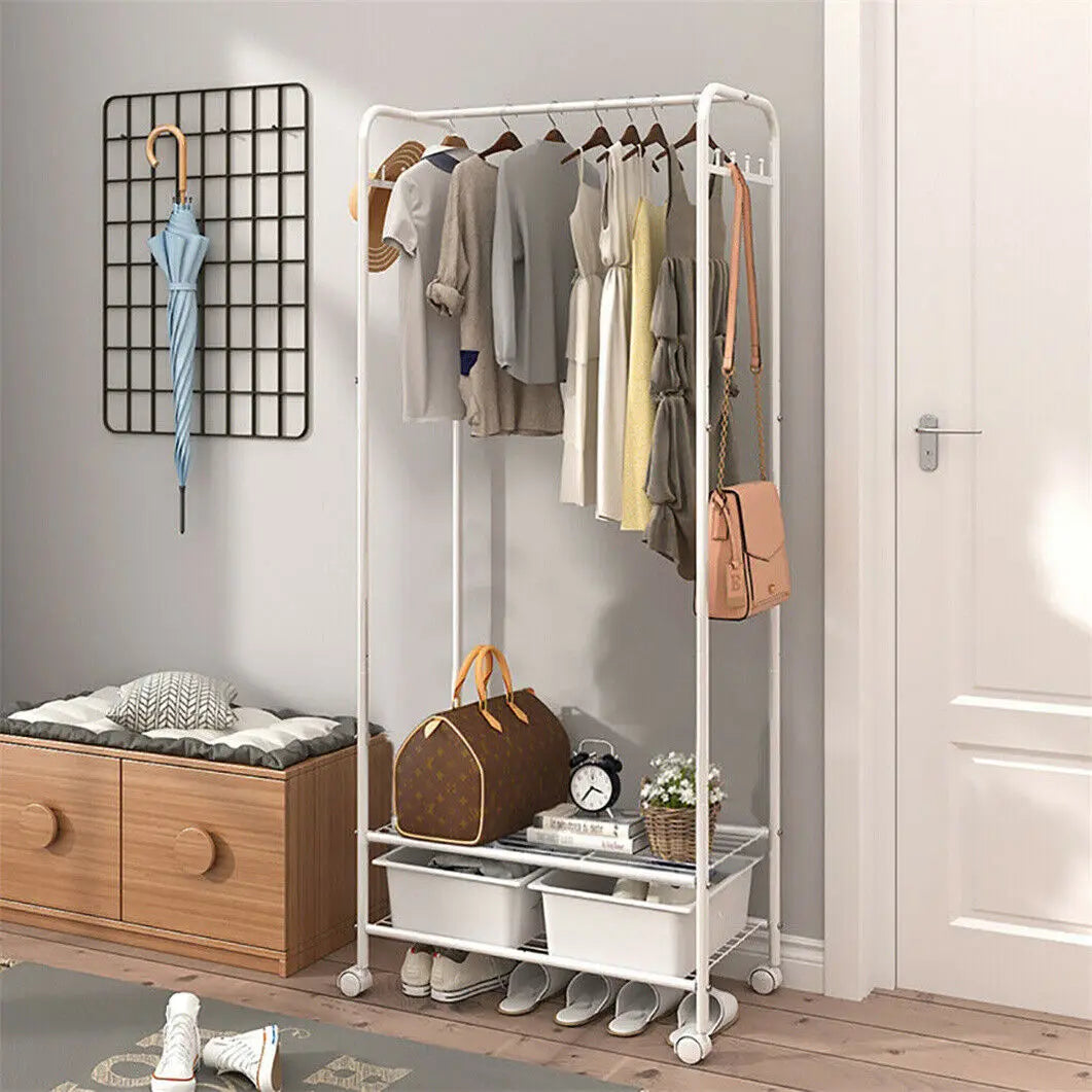 Freestanding Clothes Rack with Shelves and Wheels Metal Garment Rack Organizer White
