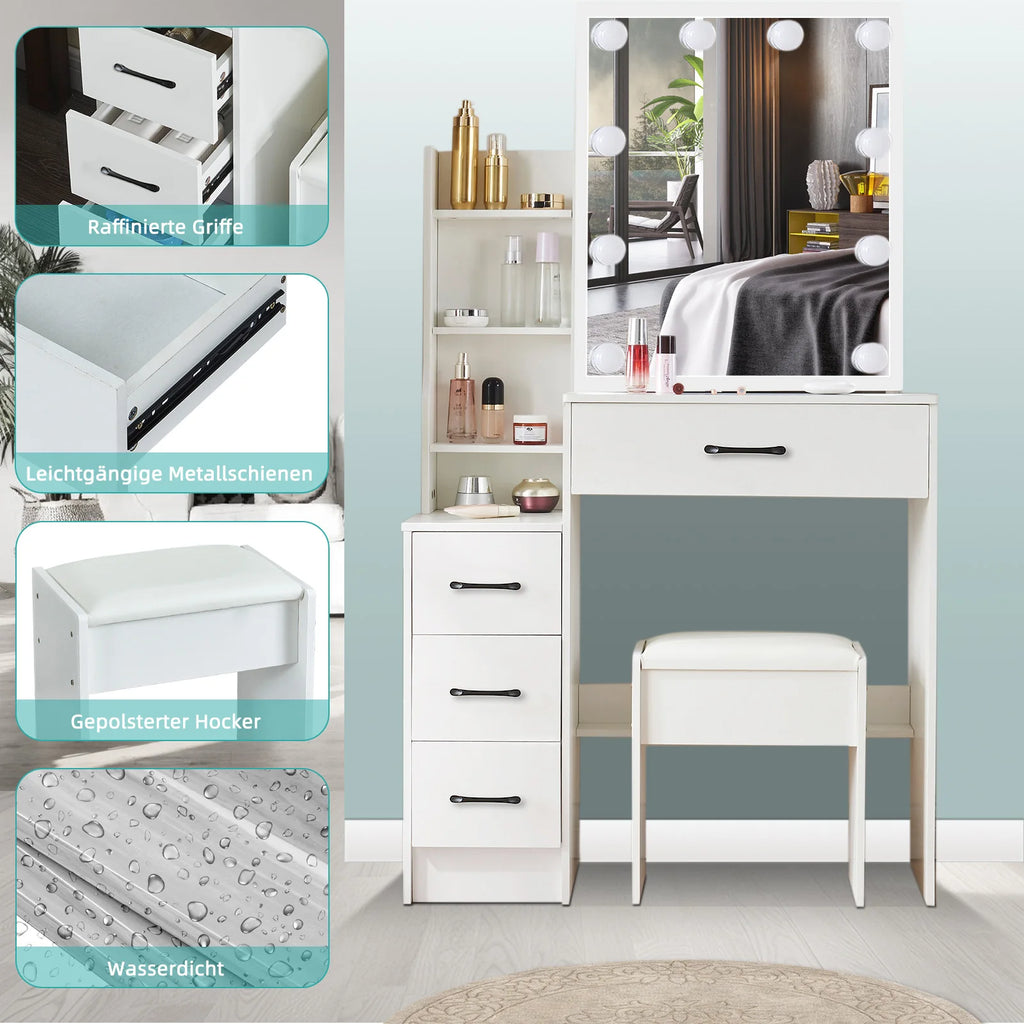 Vanity Table Set with LED Mirror, Stool and Drawers Sliding Mirror Makeup Dressing Table White