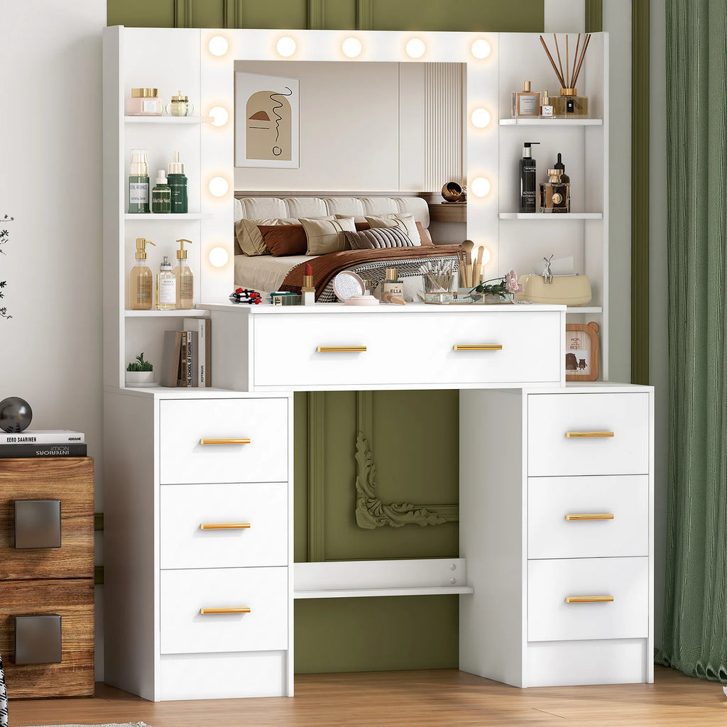 Vanity Table with LED Mirror and 7 Drawers Makeup Dressing Table with Storage Shelves