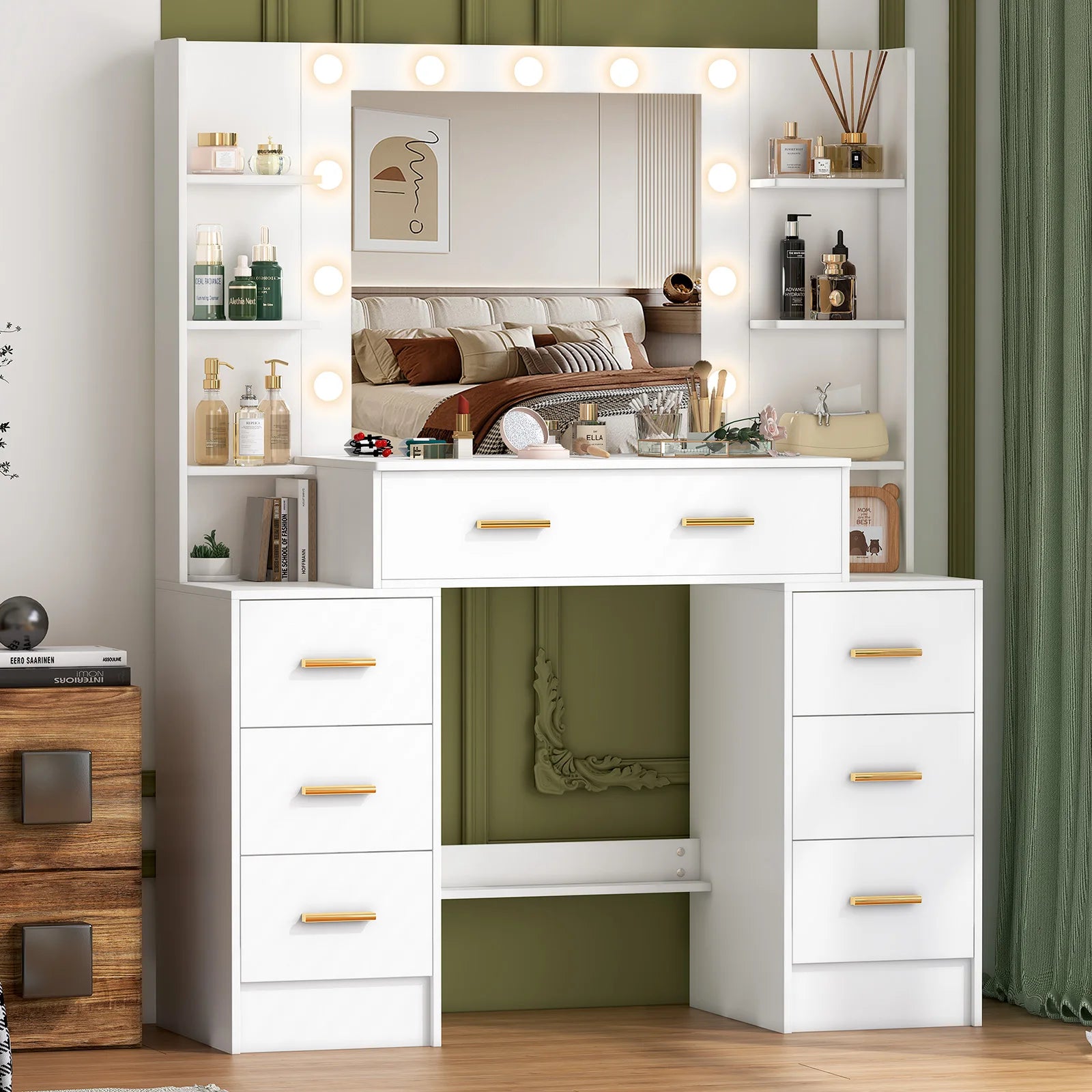 Vanity Table with LED Mirror and 7 Drawers Makeup Dressing Table with Storage Shelves