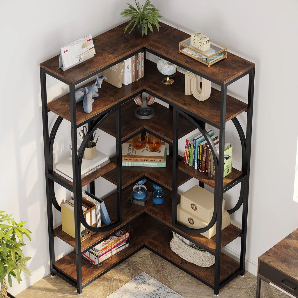 7-Tier Corner Bookshelf Industrial Corner Shelf Storage Display Rack