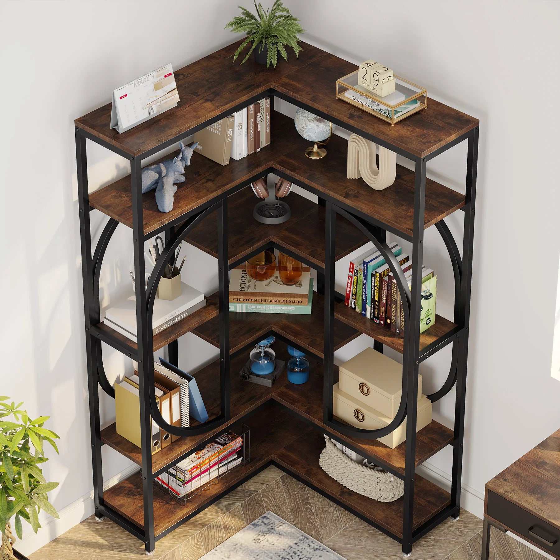 7-Tier Corner Bookshelf Industrial Corner Shelf Storage Display Rack