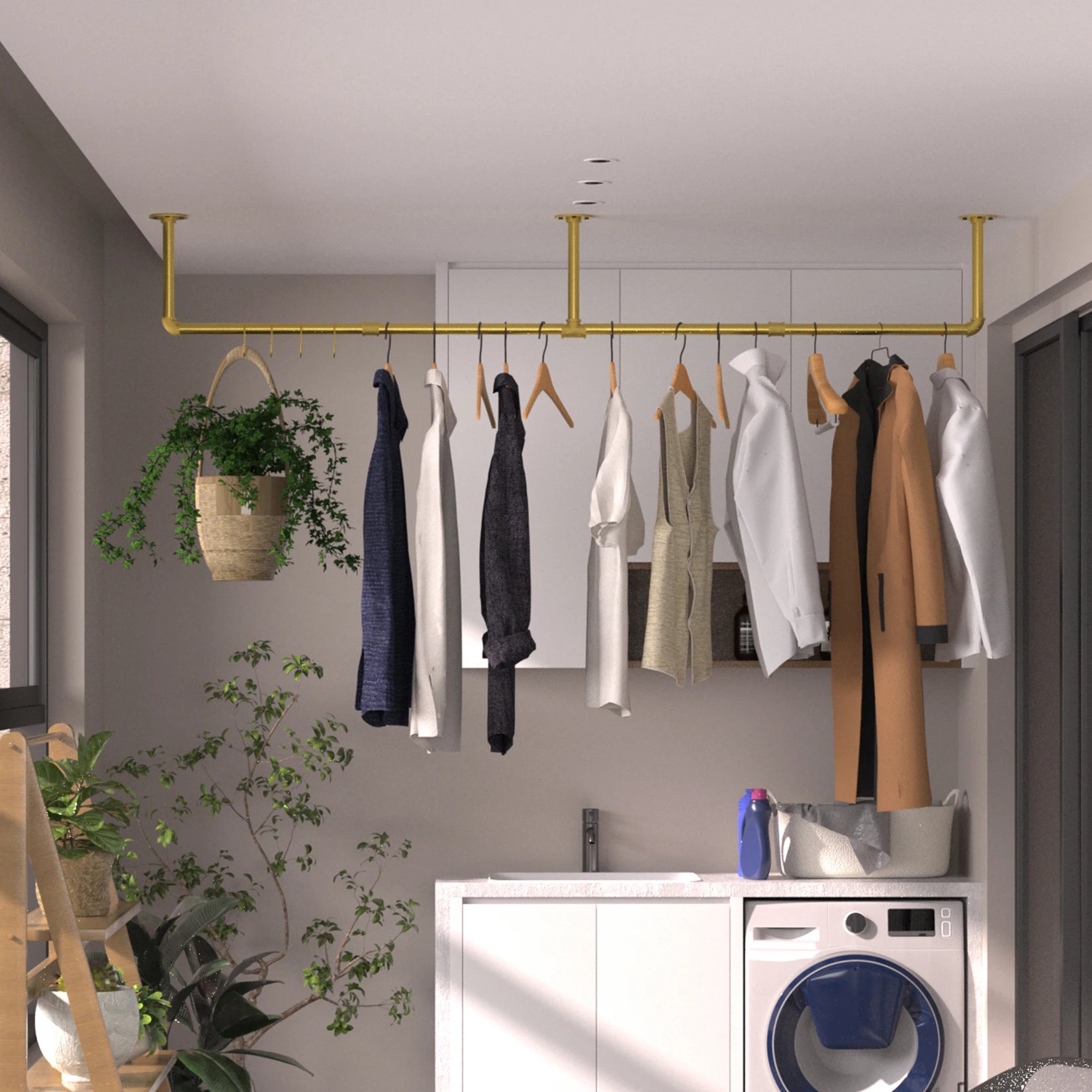 Adjustable Industrial Pipe Clothes Rack Wall Mounted Garment Rack 90-180cm with Hooks Gold