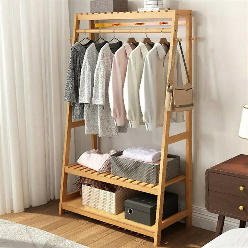Bamboo Clothes Rack with Shelves, Hooks and Wheels Freestanding Garment Rack Organiser Natural Wood