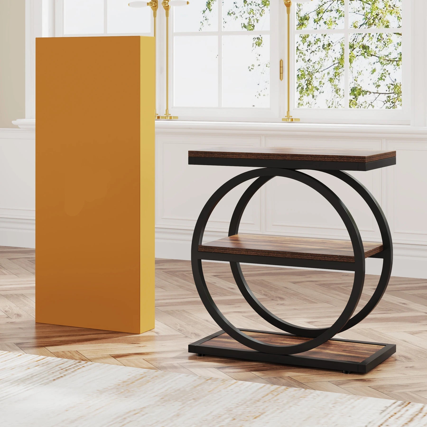 3-Tier Industrial Side Table with Metal Frame and Wooden Shelves Slim Storage End Table