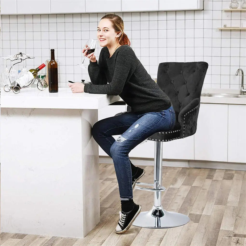 Adjustable Swivel Bar Stool with Velvet Seat and Metal Base Vintage Counter Stool Black