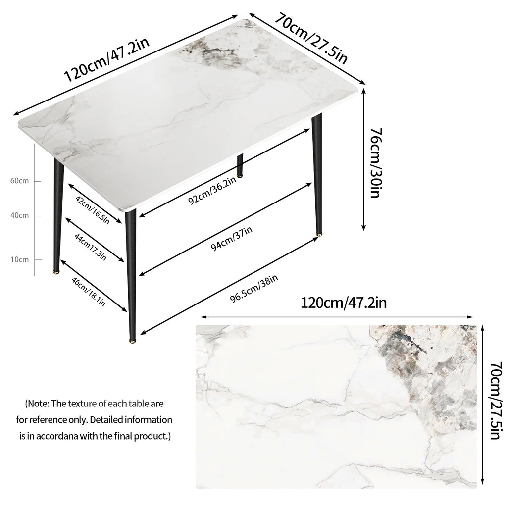 Rectangular Marble Dining Table with Metal Frame 120cm Modern Kitchen Dining Table Glossy White