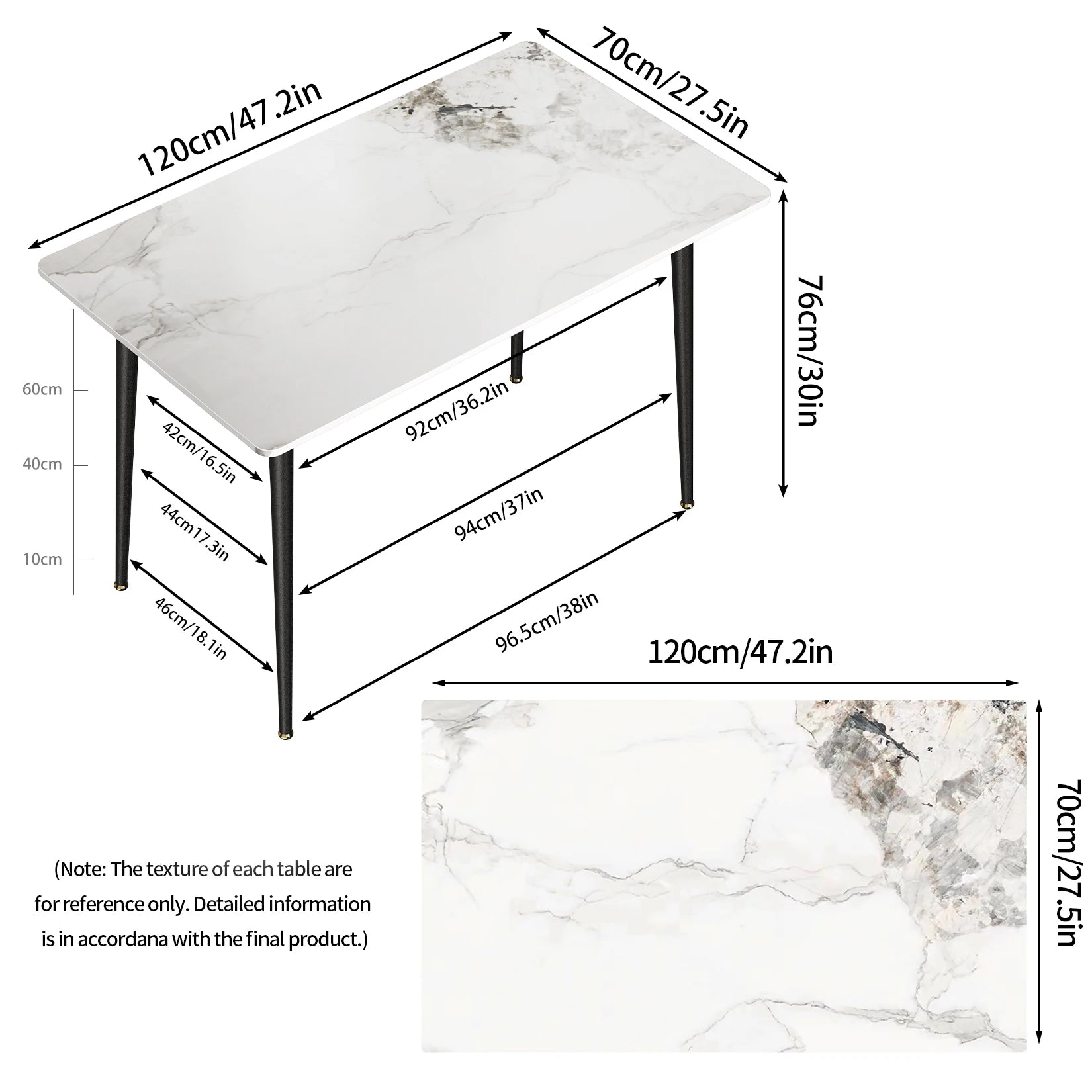 Rectangular Marble Dining Table with Metal Frame 120cm Modern Kitchen Dining Table Glossy White