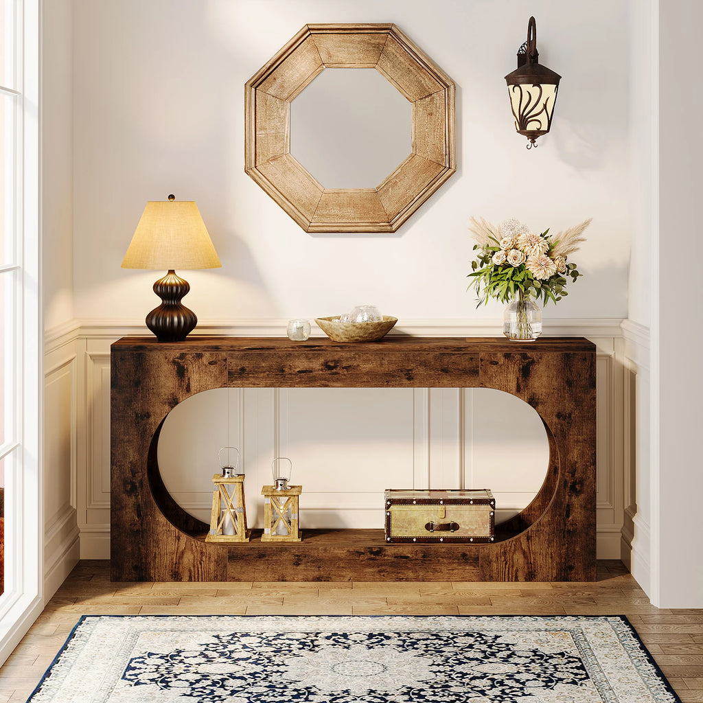 Farmhouse Console Table with 2-Tier Shelf 160cm Rustic Entryway Sofa Table Brown