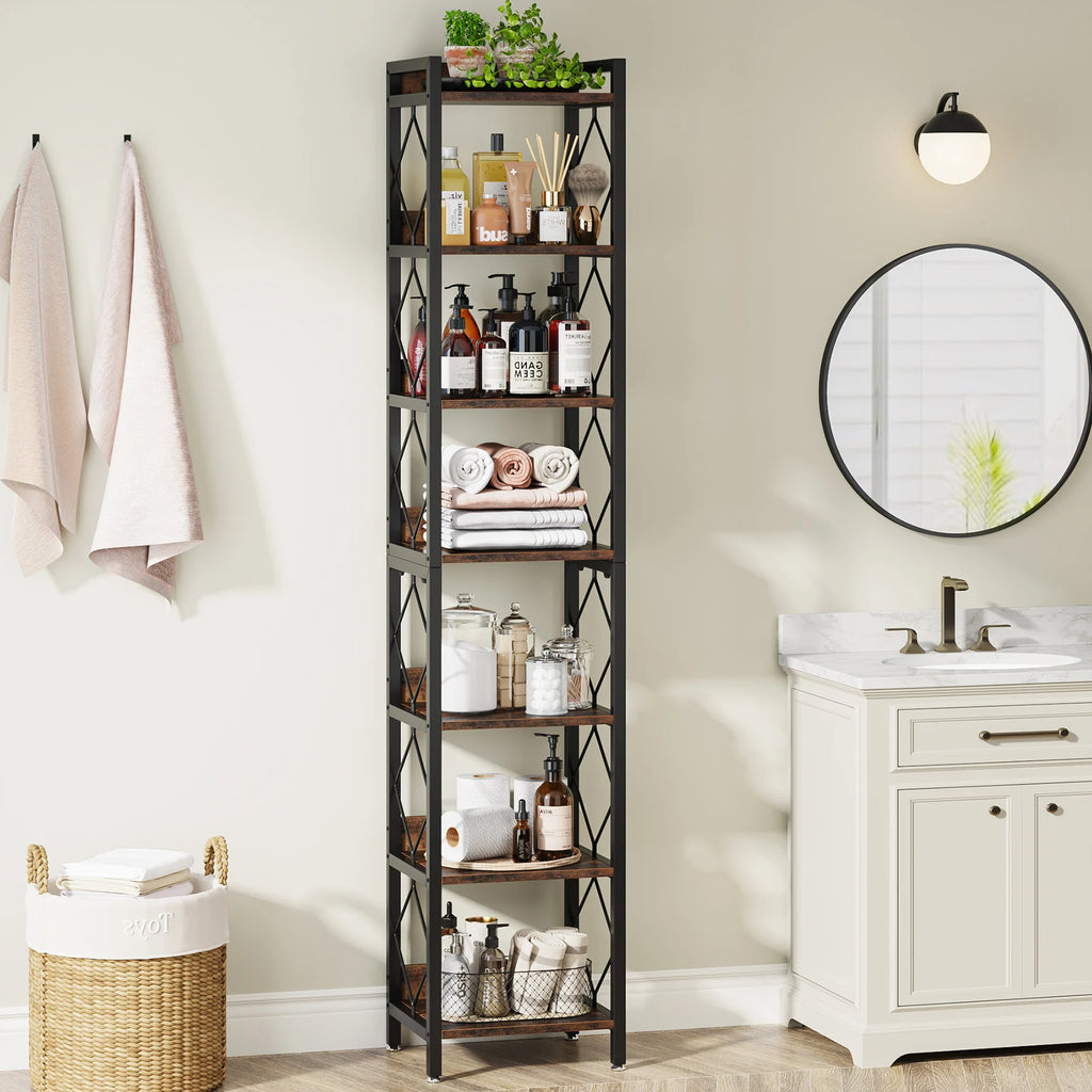 7-Tier Corner Bookshelf Narrow Metal Corner Shelf Storage Display Rack Brown