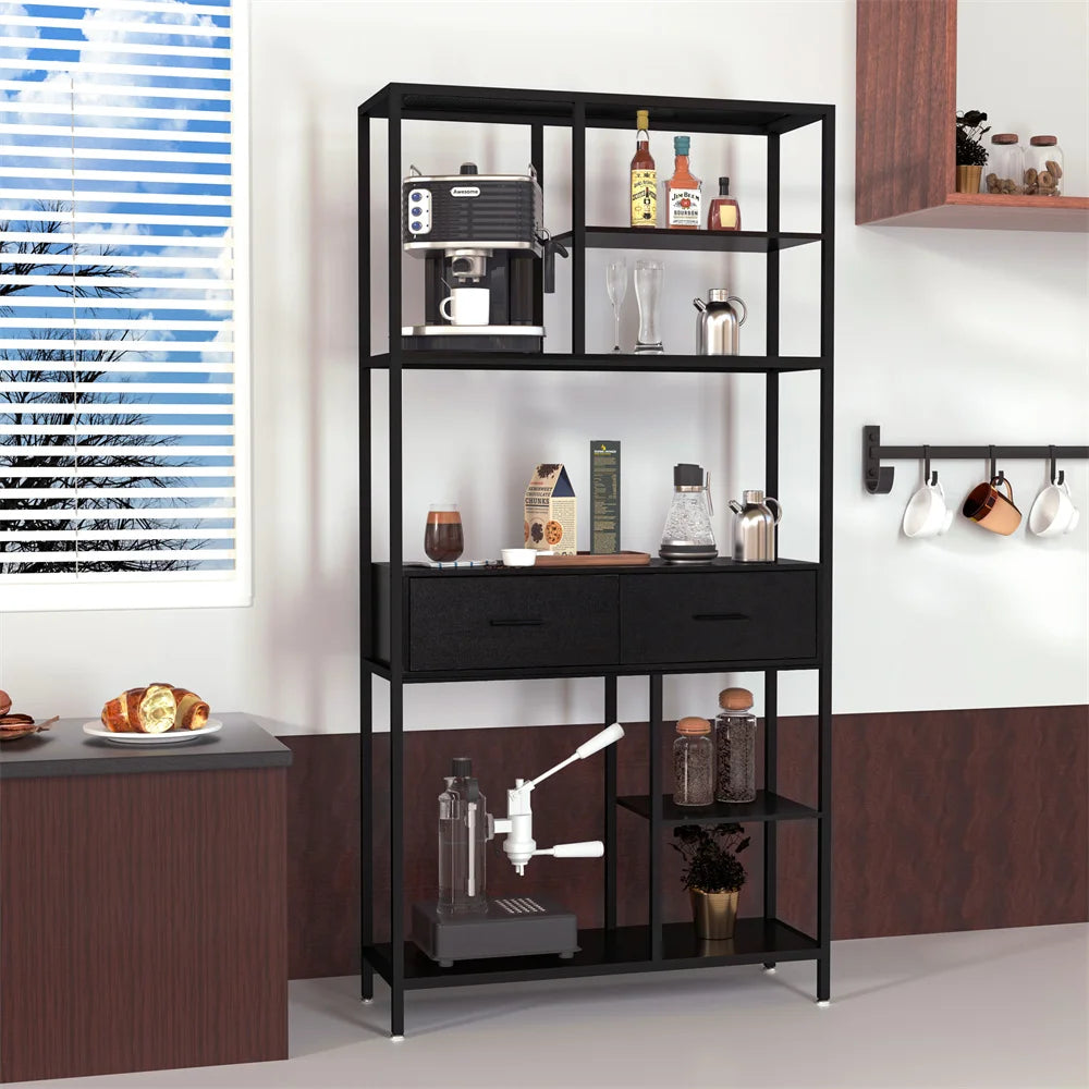 5-Tier Industrial Bookshelf with Drawers Metal and Wood Storage Display Shelf Black