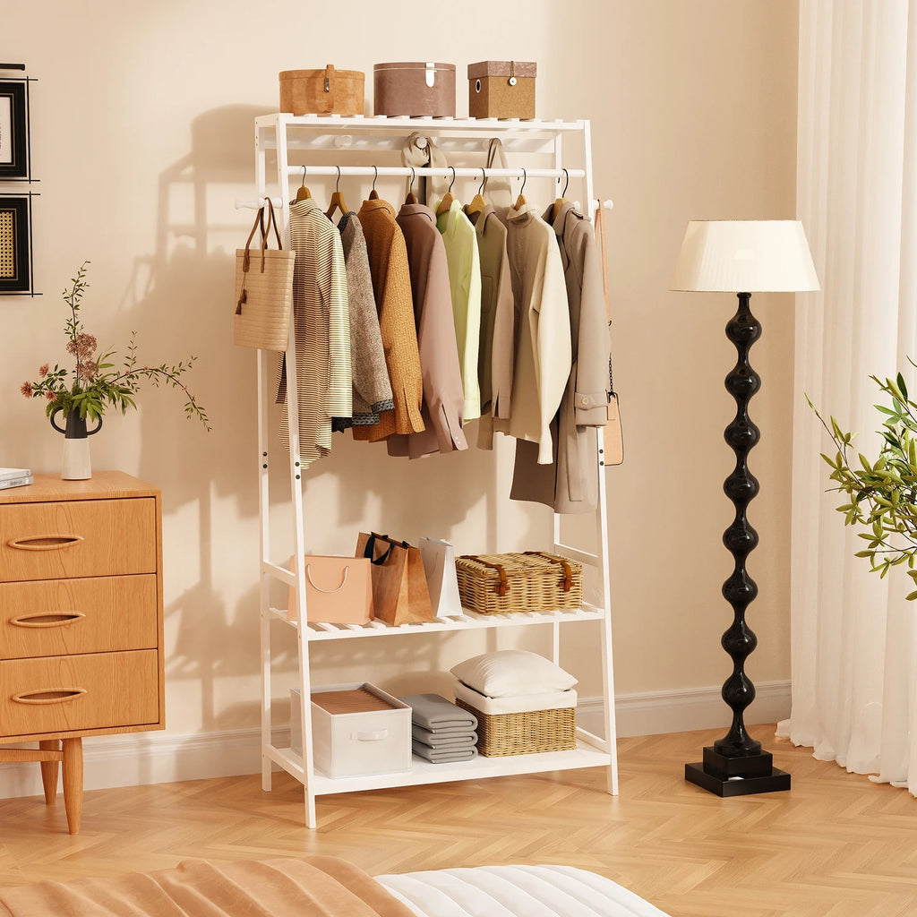 Bamboo Clothes Rack with Shelves and Wheels Freestanding Garment Rack with 10 Hooks White
