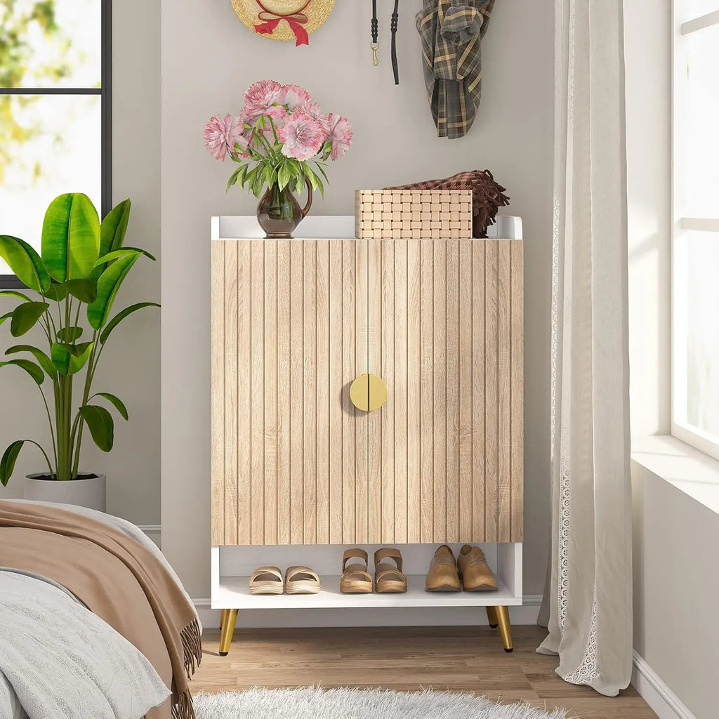 7-Tier Shoe Storage Cabinet with Doors Wooden Entryway Shoe Organiser Holds Up to 24 Pairs White and wood