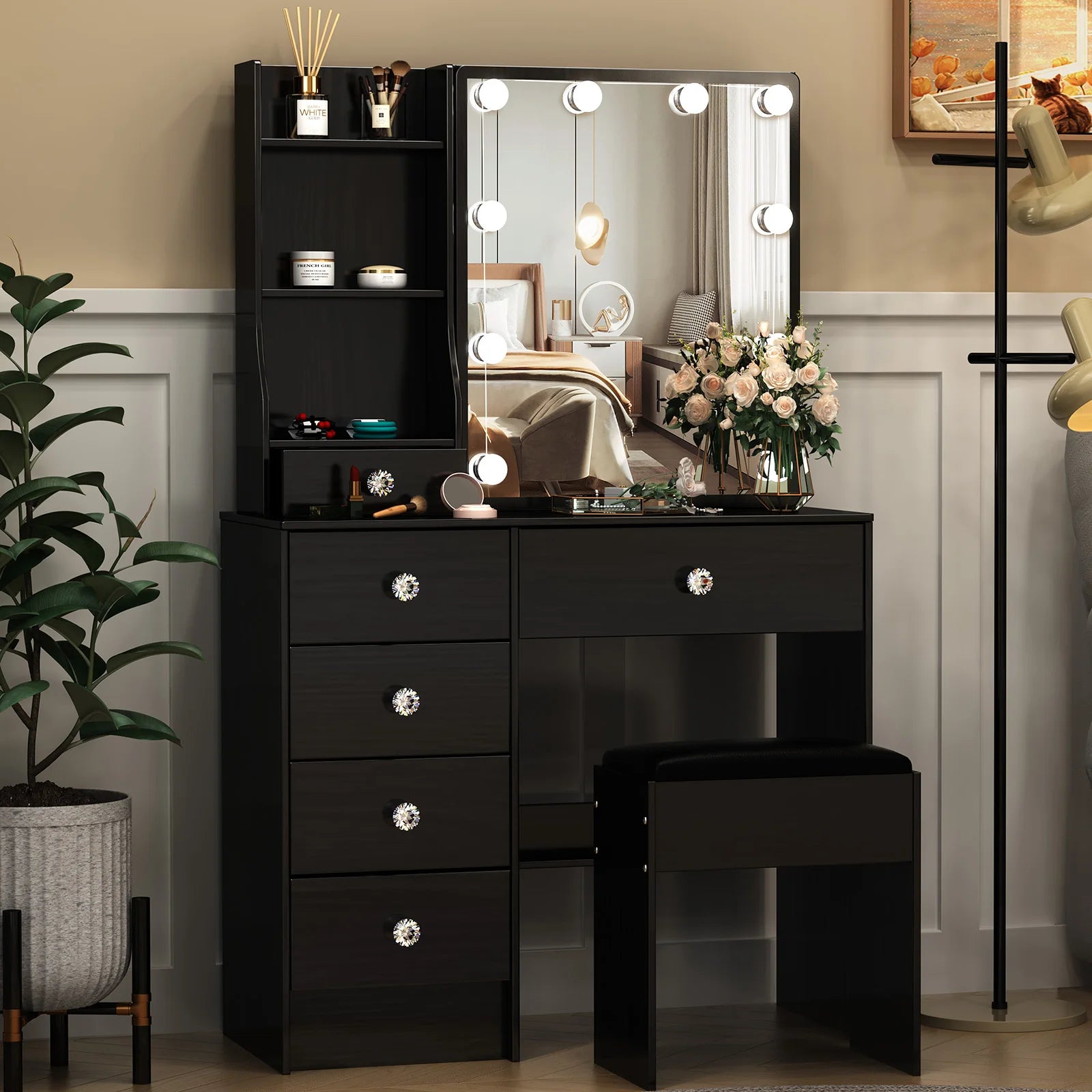 Vanity Table Set with LED Mirror, Stool and 6 Drawers Makeup Dressing Table Black