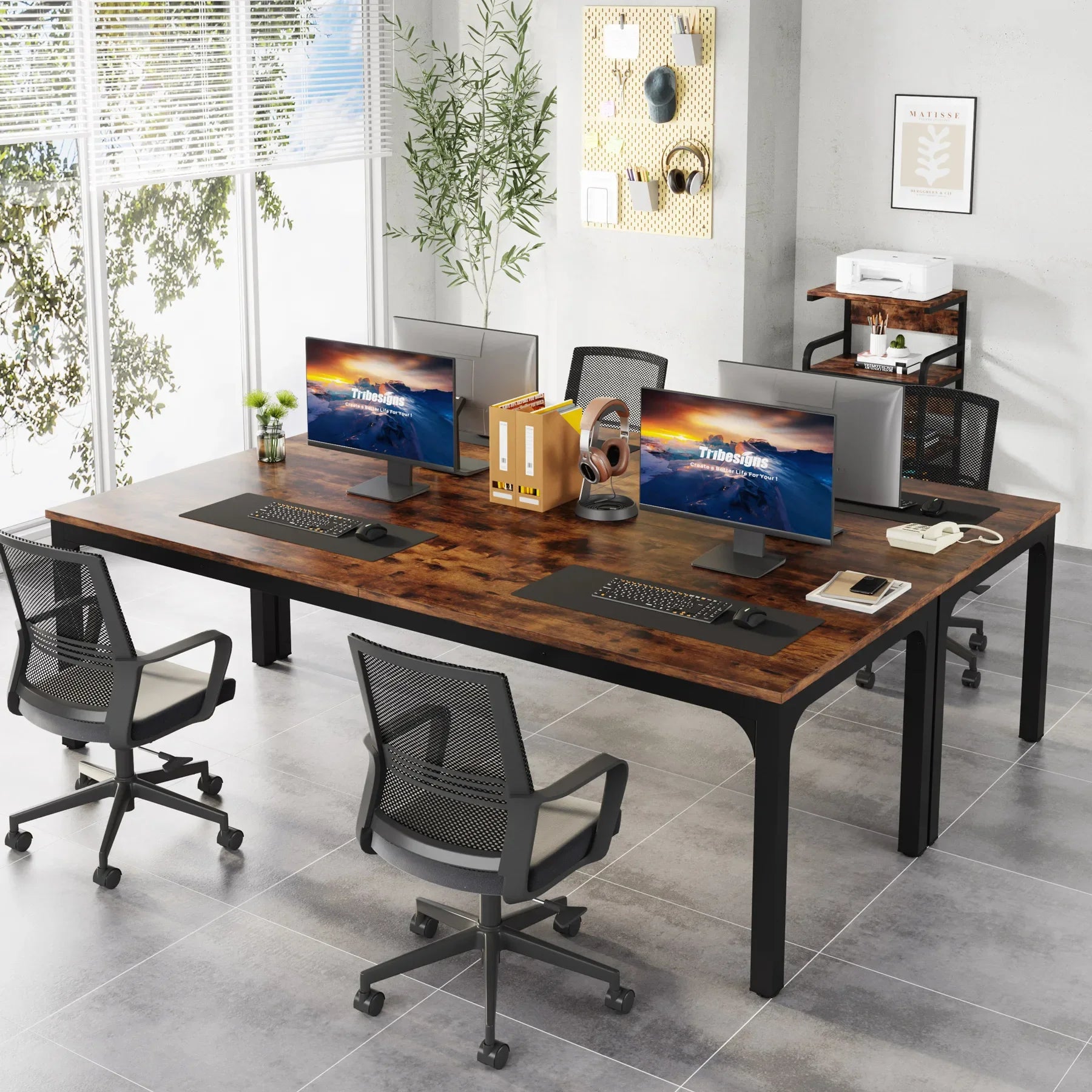 200cm Industrial Computer Desk for 2 People with Metal Frame Large Double Workstation Table Chocolate