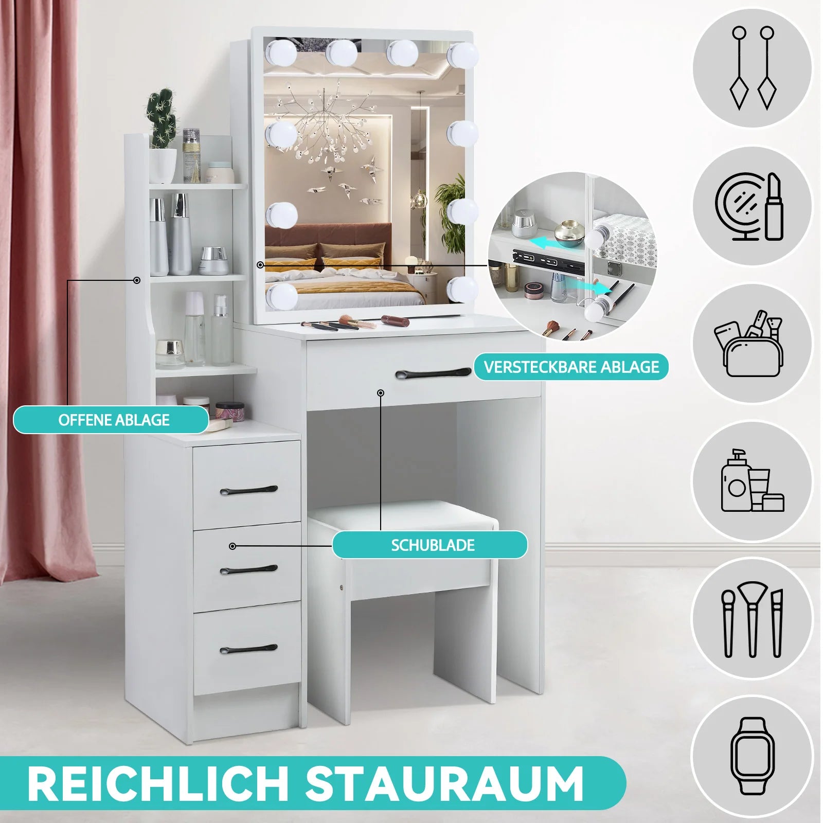 Vanity Table Set with LED Mirror, Stool and Drawers Sliding Mirror Makeup Dressing Table White