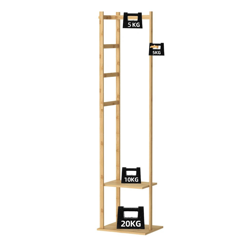 Bamboo Coat Rack Stand with Shelves and Hooks Freestanding Clothes Organiser Natural Wood