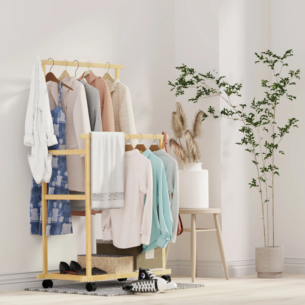 Bamboo Clothes Rack with Hanging Rail, Pants Bar and Bottom Shelf Freestanding Garment Rack Natural Wood