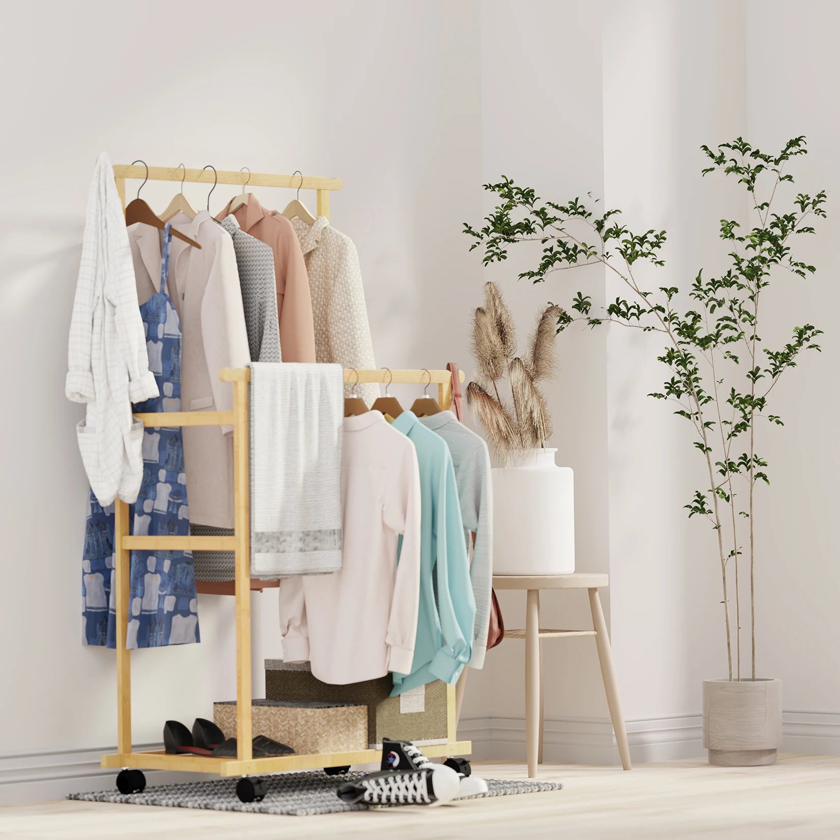 Bamboo Clothes Rack with Hanging Rail, Pants Bar and Bottom Shelf Freestanding Garment Rack Natural Wood