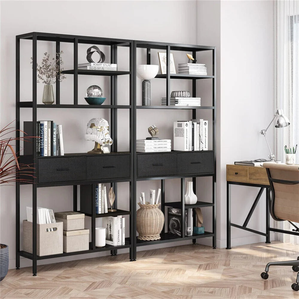 5-Tier Industrial Bookshelf with Drawers Metal and Wood Storage Display Shelf Black