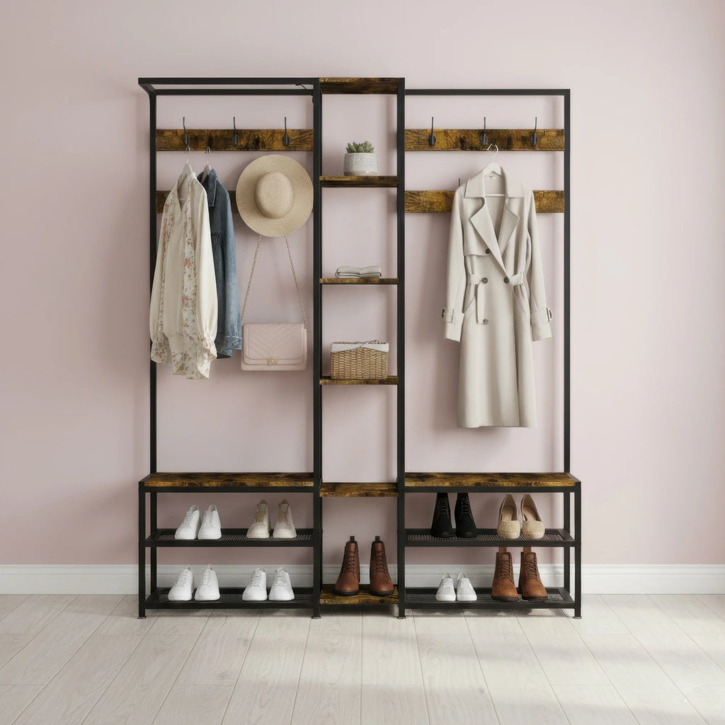 Industrial Hall Tree Coat Rack with Shelves and Metal Frame Entryway Storage Organizer Brown