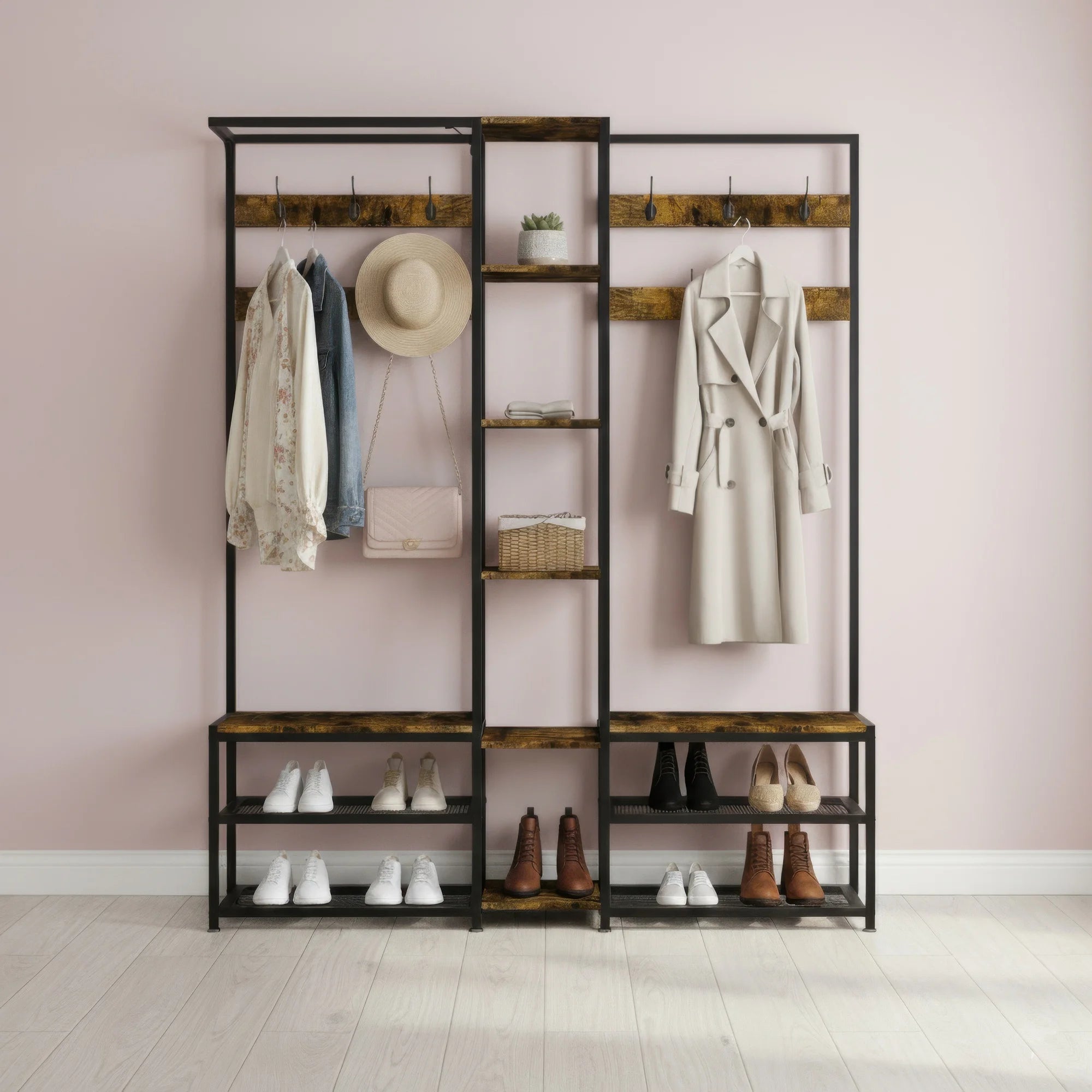 Industrial Hall Tree Coat Rack with Shelves and Metal Frame Entryway Storage Organizer Brown