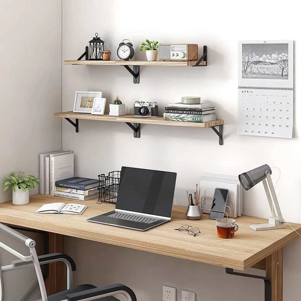 Floating Wall Shelves Set of 4 Wooden Wall Mounted Display Shelves with Metal Brackets Wood