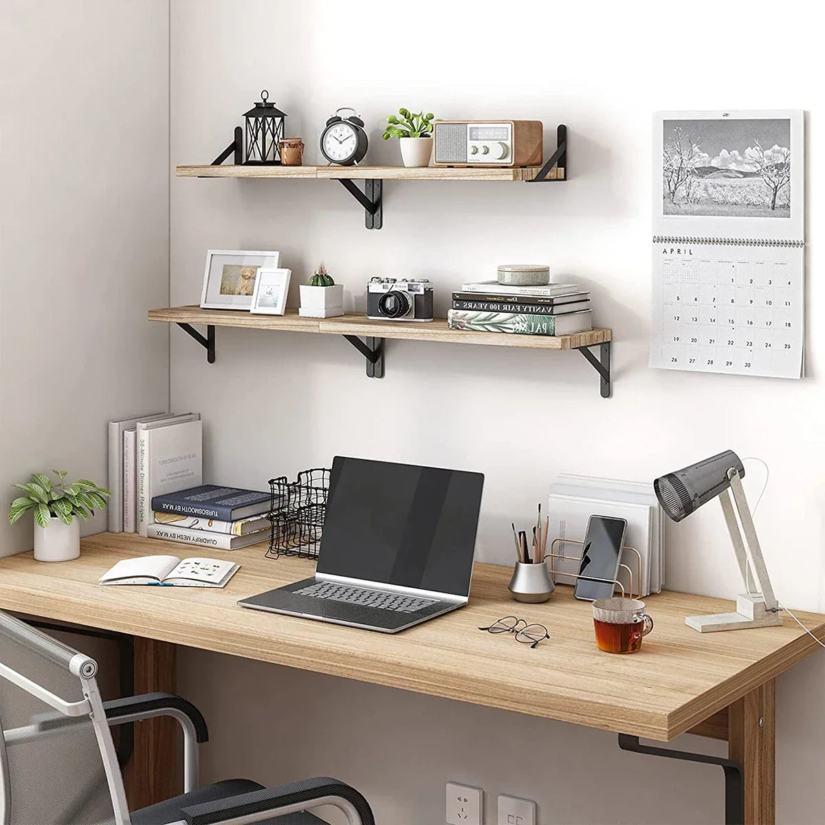 Floating Wall Shelves Set of 4 Wooden Wall Mounted Display Shelves with Metal Brackets Wood