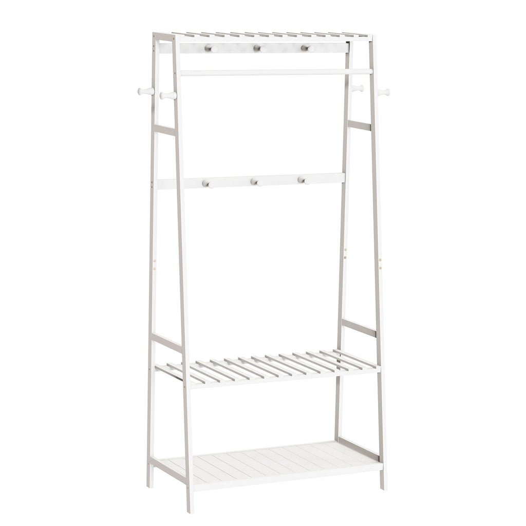 Bamboo Clothes Rack with Shelves and Wheels Freestanding Garment Rack with 10 Hooks White