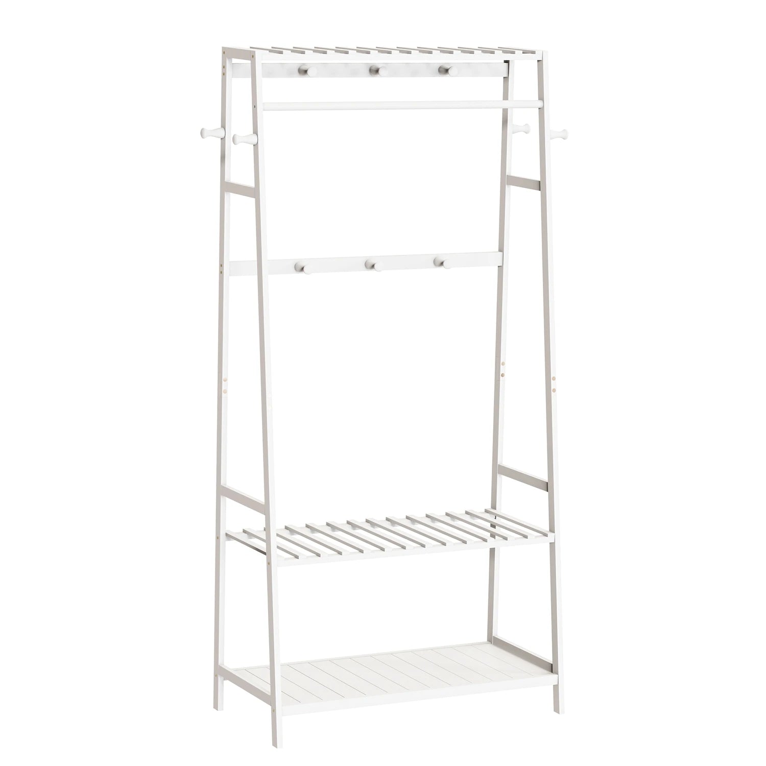 Bamboo Clothes Rack with Shelves and Wheels Freestanding Garment Rack with 10 Hooks White