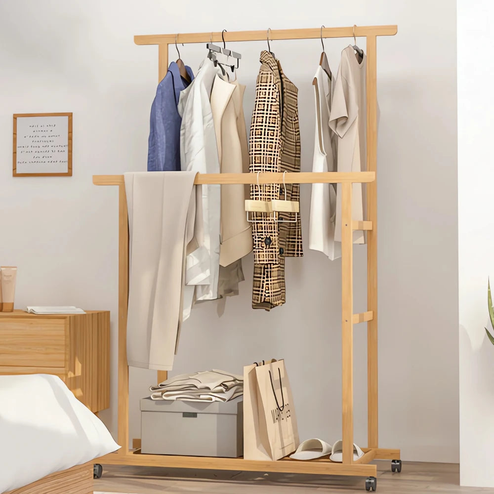 Bamboo Clothes Rack with Hanging Rail, Pants Bar and Bottom Shelf Freestanding Garment Rack Natural Wood