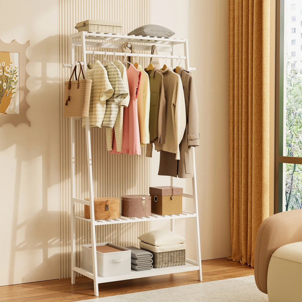 Bamboo Clothes Rack with Shelves and Wheels Freestanding Garment Rack with 10 Hooks White