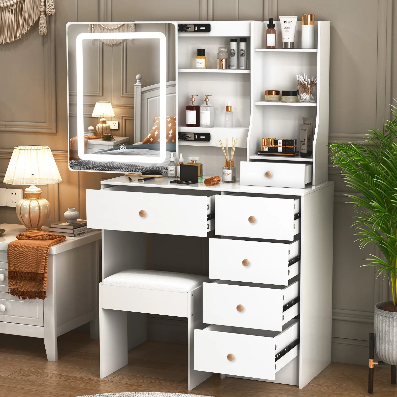 Vanity Table Set with LED Mirror, Stool and 6 Drawers Sliding Mirror Makeup Dressing Table