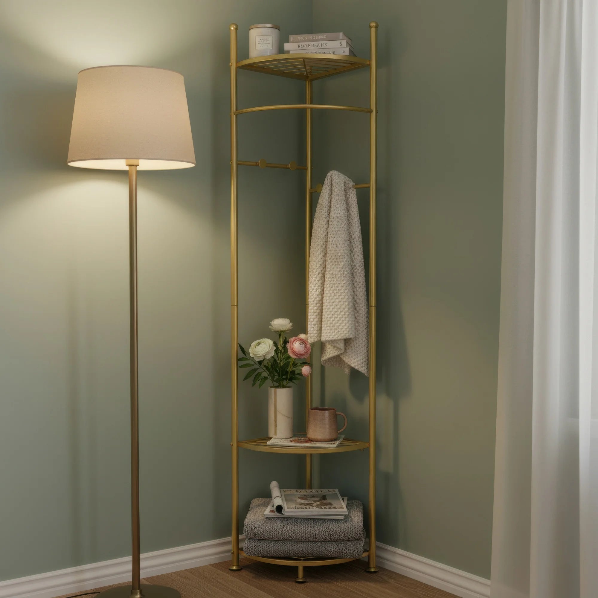 Gold Metal Coat Rack Stand with Shelves Freestanding Corner Clothes Rack Natural Wood