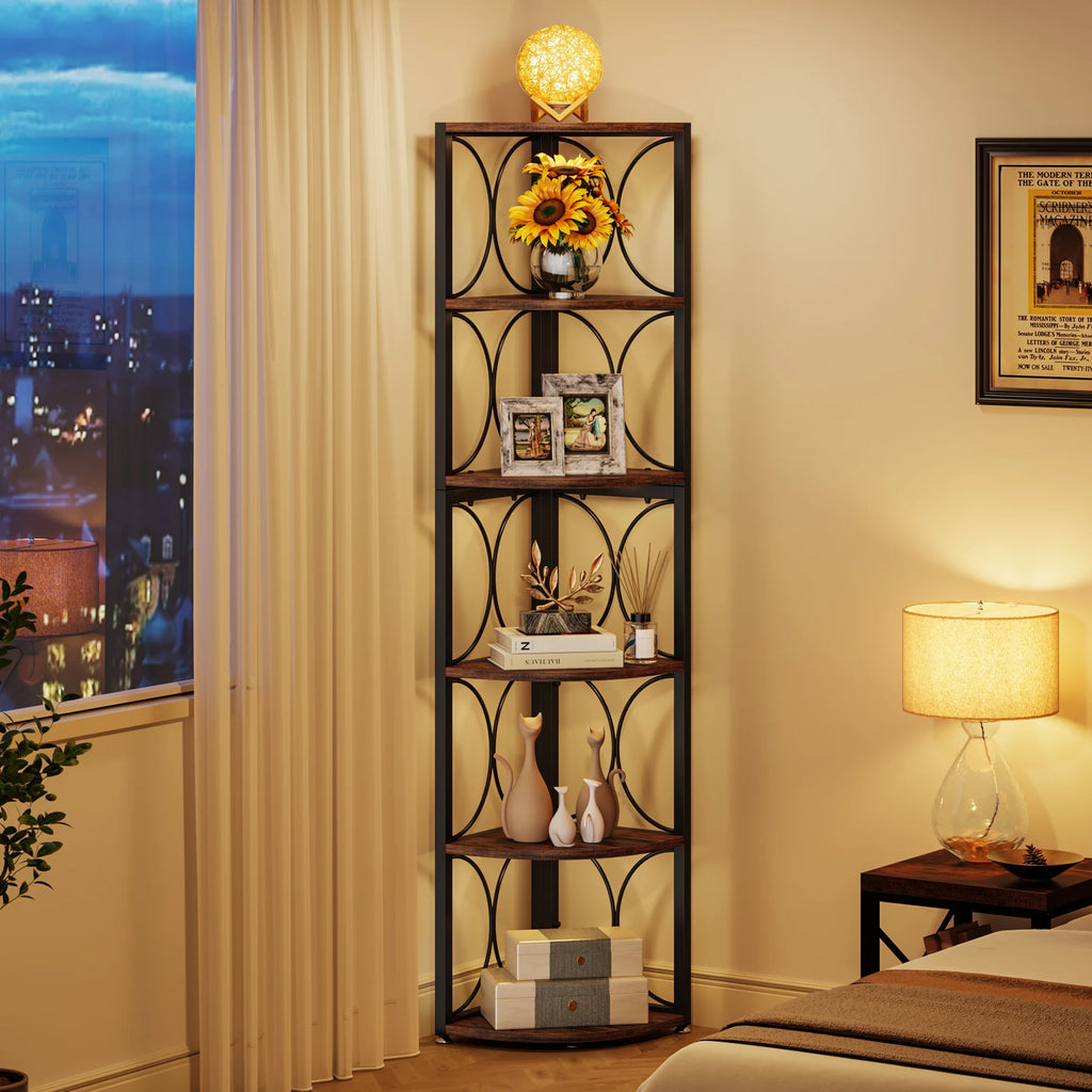 6 Tier Corner Shelf Industrial Tall Bookcase Storage Display Stand for Living Room Office