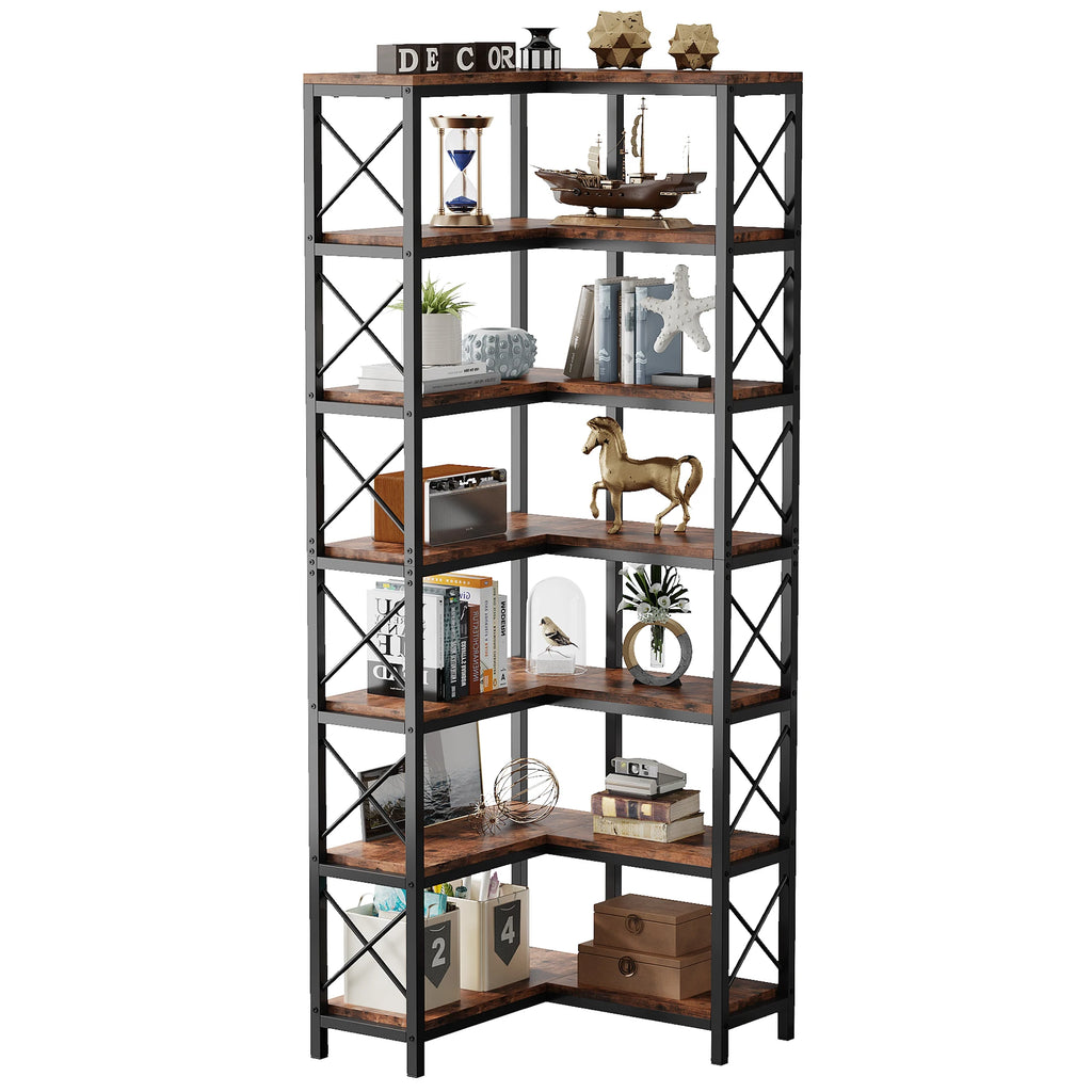 7-Tier Industrial Corner Bookshelf with Metal Frame and Wooden Shelves Heavy Duty Storage Display Rack